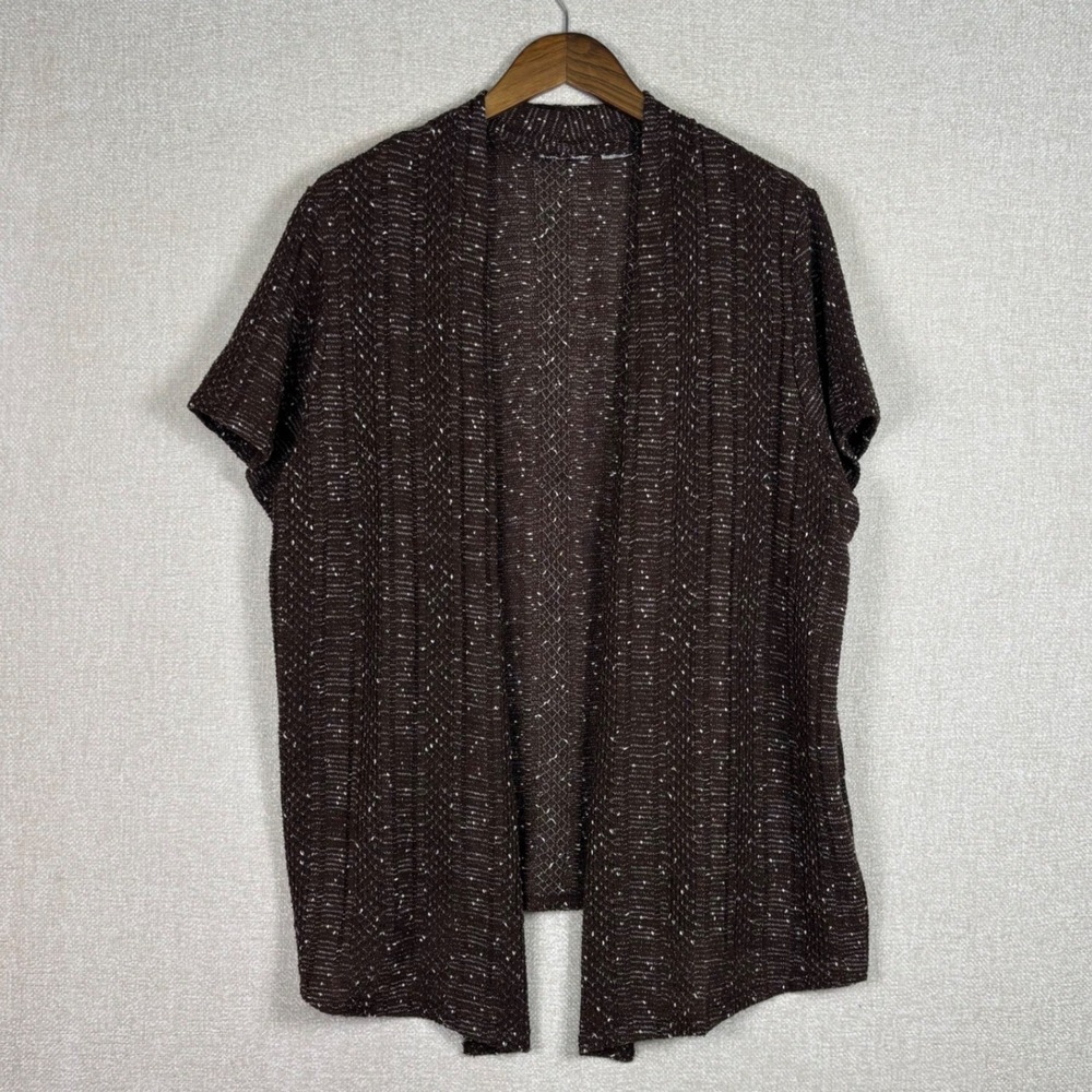 Brown Knit Short Sleeve Open Front Cardigan Speckled Textured Sweater